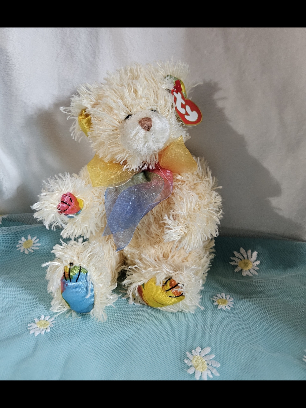 Ty Cream Plush Bear with Rainbow Organza Bow and Multicolor Paw Accents